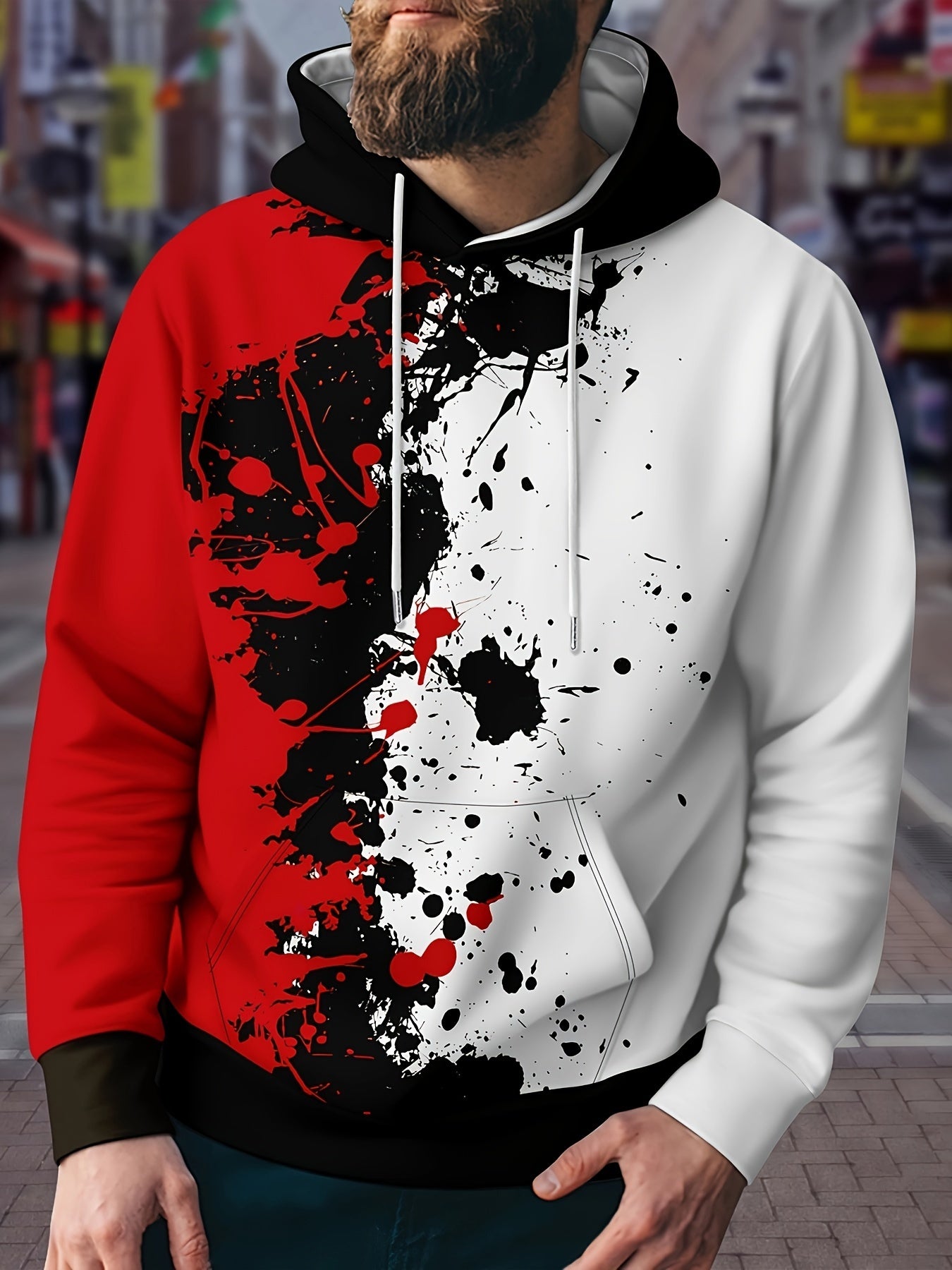Men's Ink Print Block Hoodie Loose Pullover for Autumn Winter