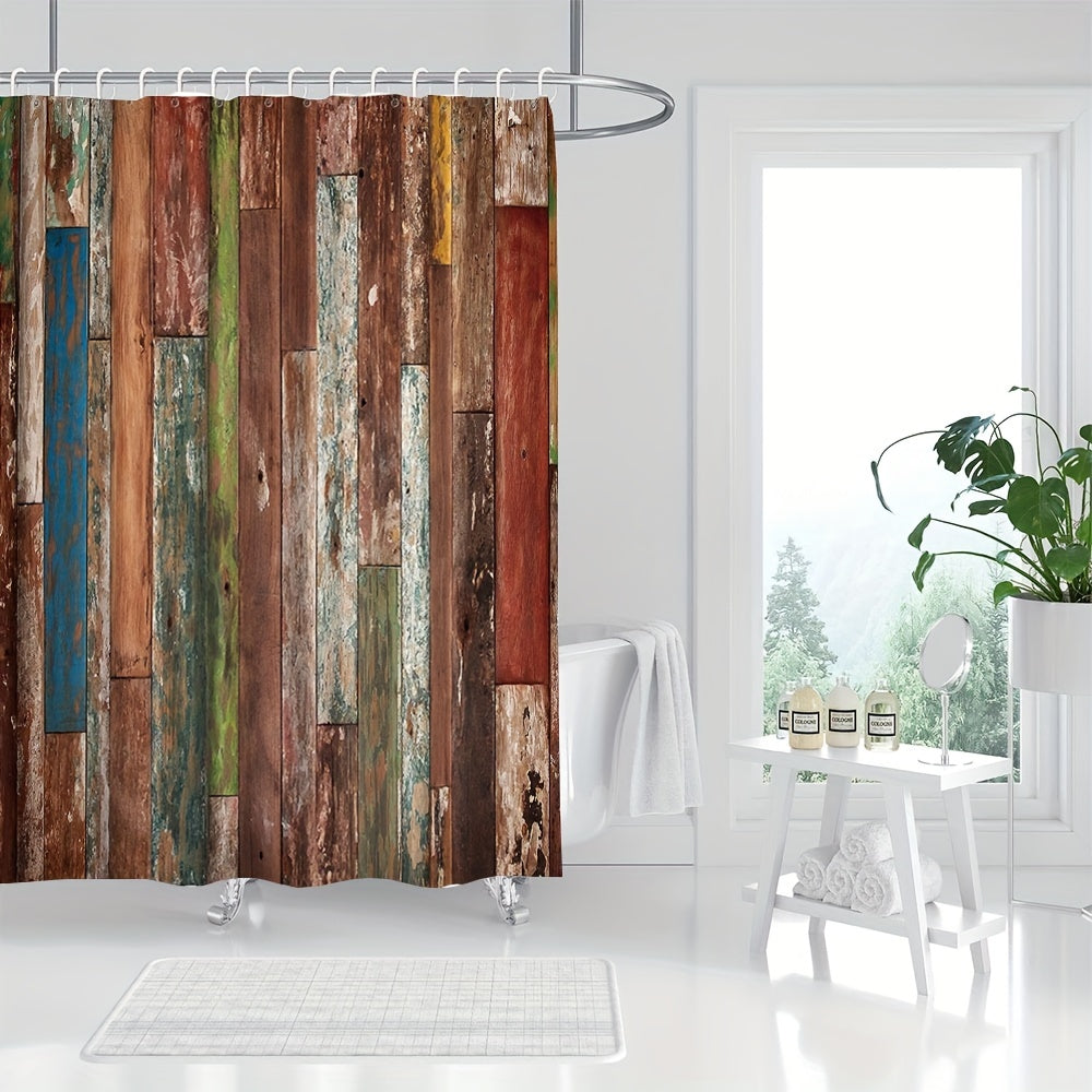 Wooden Door Shower Curtain Waterproof Rust Resistant Grommets Hooks