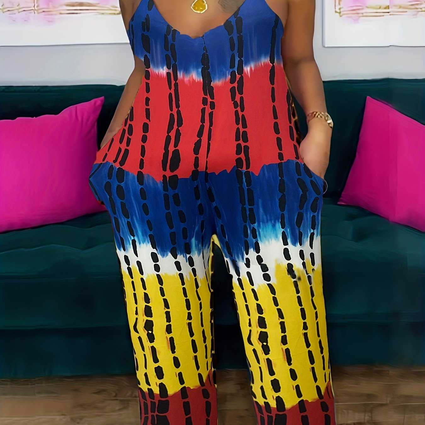 Tie Dye Cami Jumpsuit Round Neck Slight Stretch