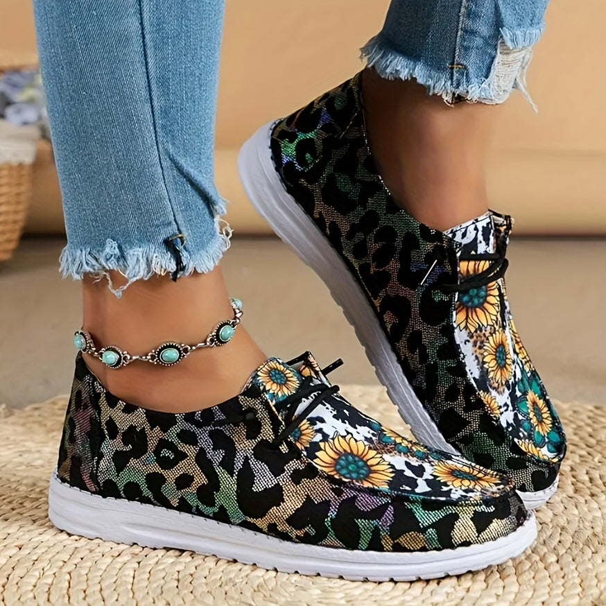 Women's Sunflower Print Canvas Shoes Slip On Flat Loafers Casual Sneakers