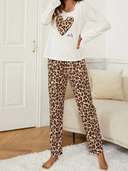 Leopard Print Lounge Set Short Sleeve Crew Neck Top & All Over Print Pants