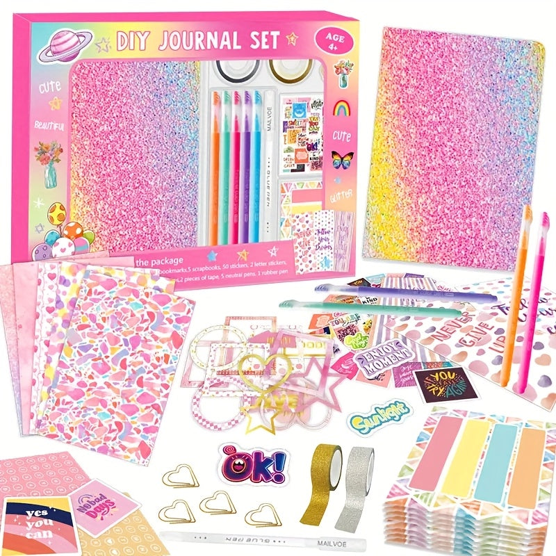 Plated DIY Diary Kit w/ 60 Page Notebook, Pens, Paper, Stickers, Tape