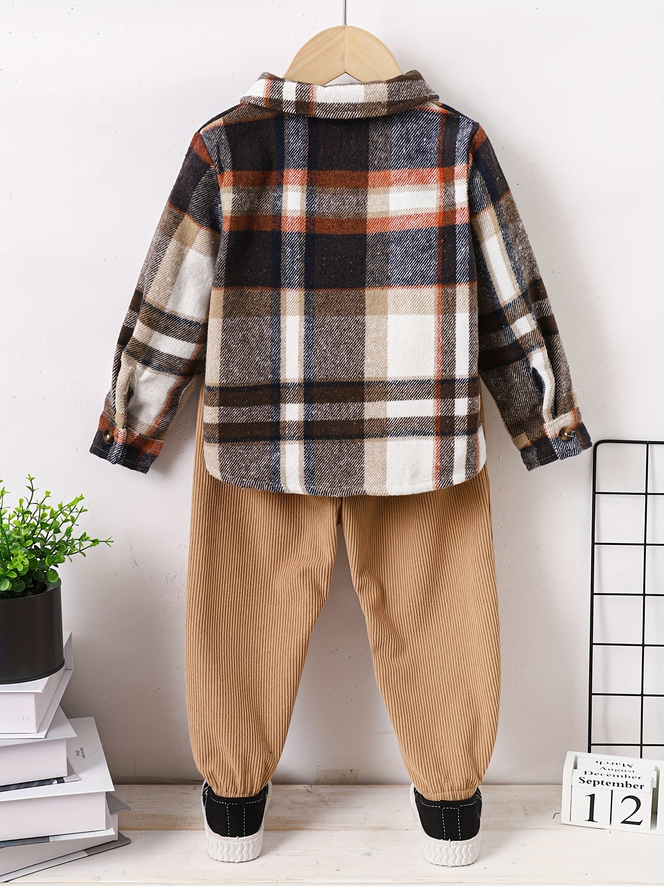Boy's Plaid Shirt & Corduroy Pants Set Comfortable Casual Outfits for Kids