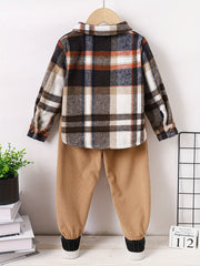 Boy's Plaid Shirt & Corduroy Pants Set Comfortable Casual Outfits for Kids