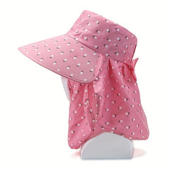 Cotton Sun Hat With Neck Gaiter Pink UV Protection
