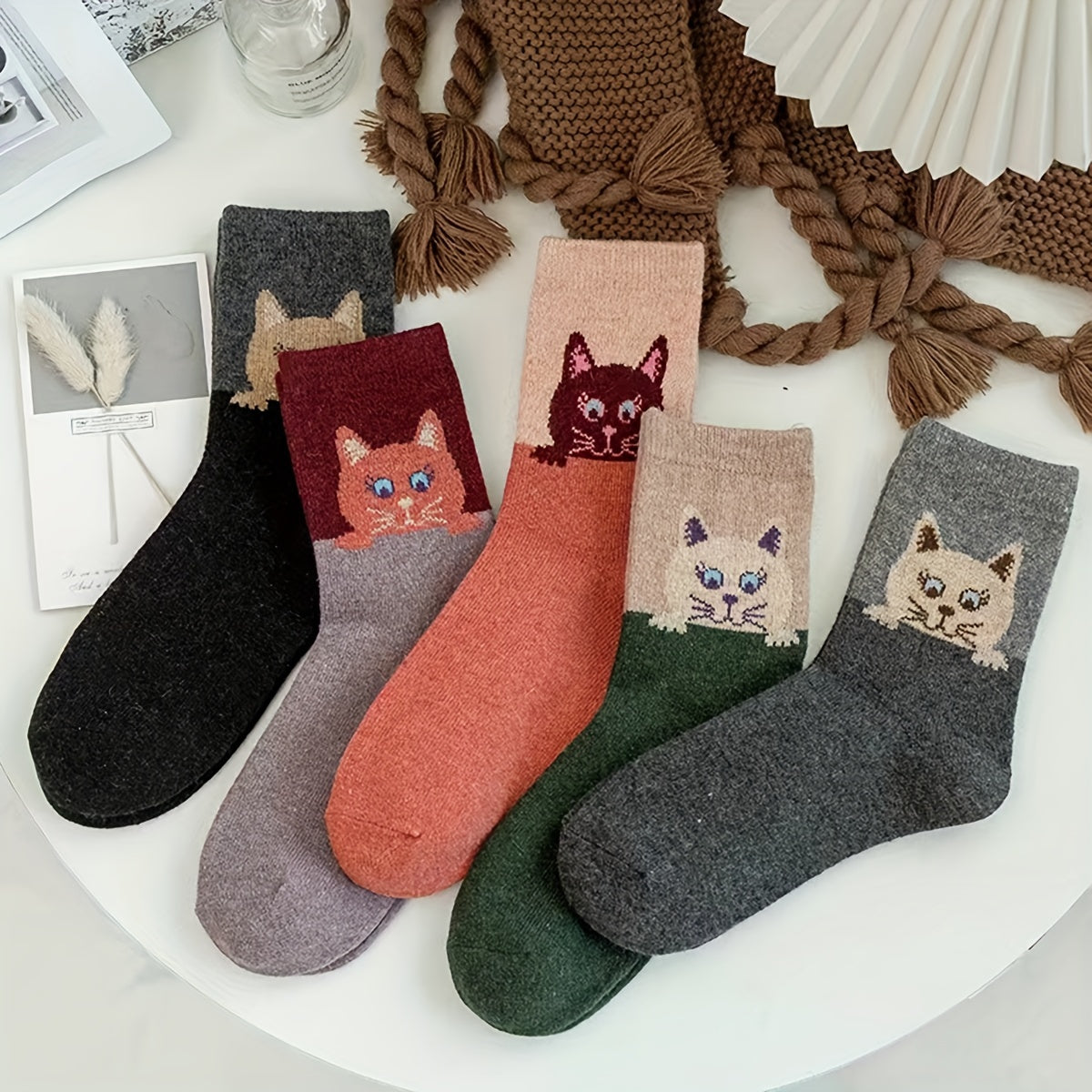 5 Pairs Cartoon Cat Print Socks Women's Mid Tube Stockings