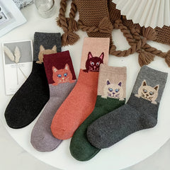 5 Pairs Cartoon Cat Print Socks Women's Mid Tube Stockings