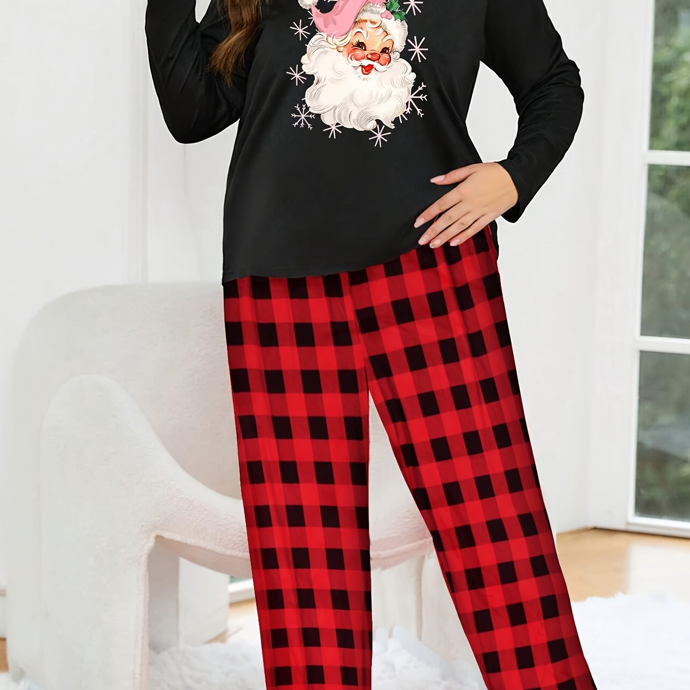 Santa & Snowflake Pajama Set - Tee & Plaid Pants Loungewear