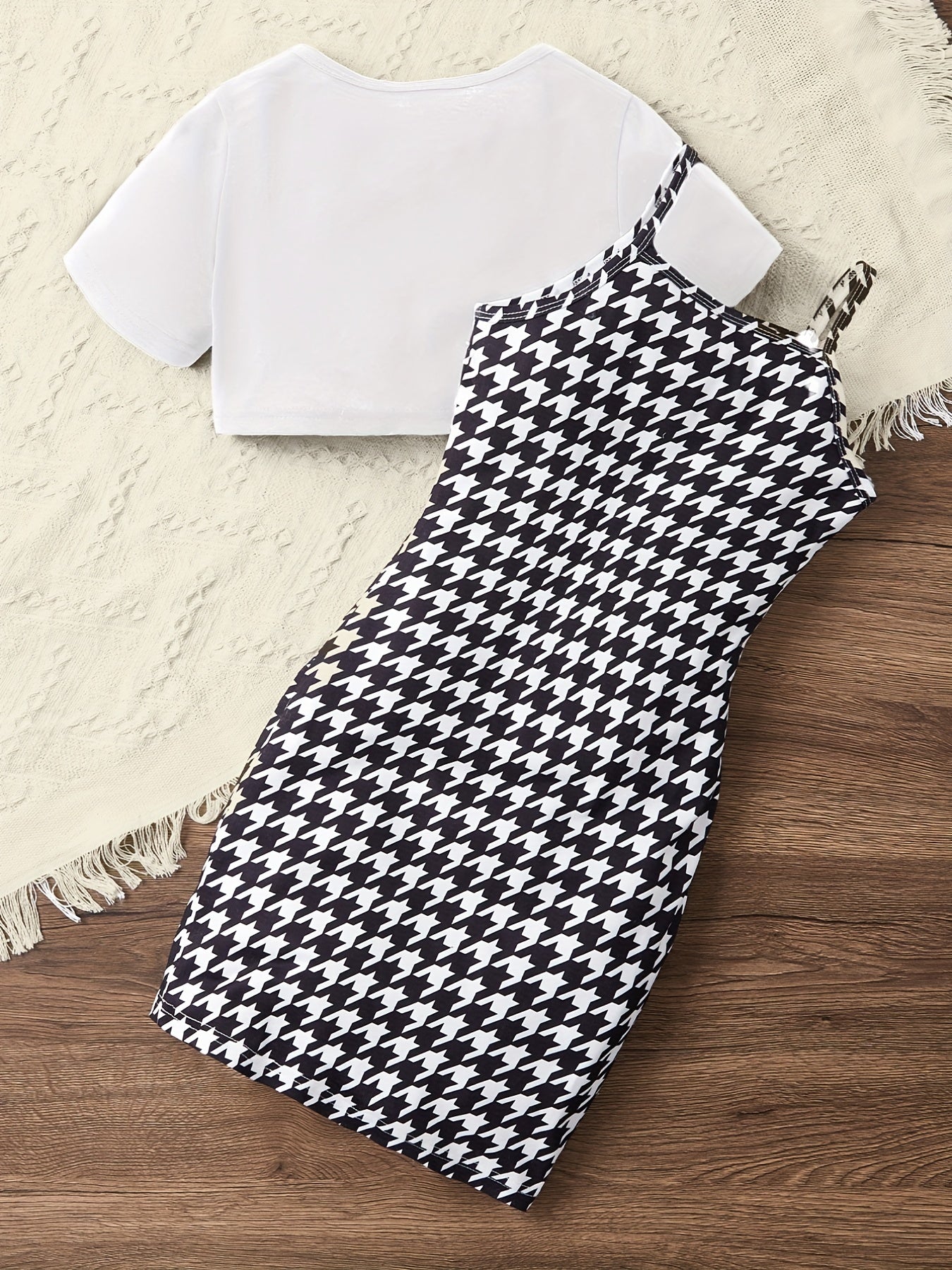 Girls Cropped T-shirt & Houndstooth Dress Set for Summer Party