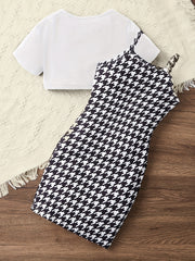 Girls Cropped T-shirt & Houndstooth Dress Set for Summer Party