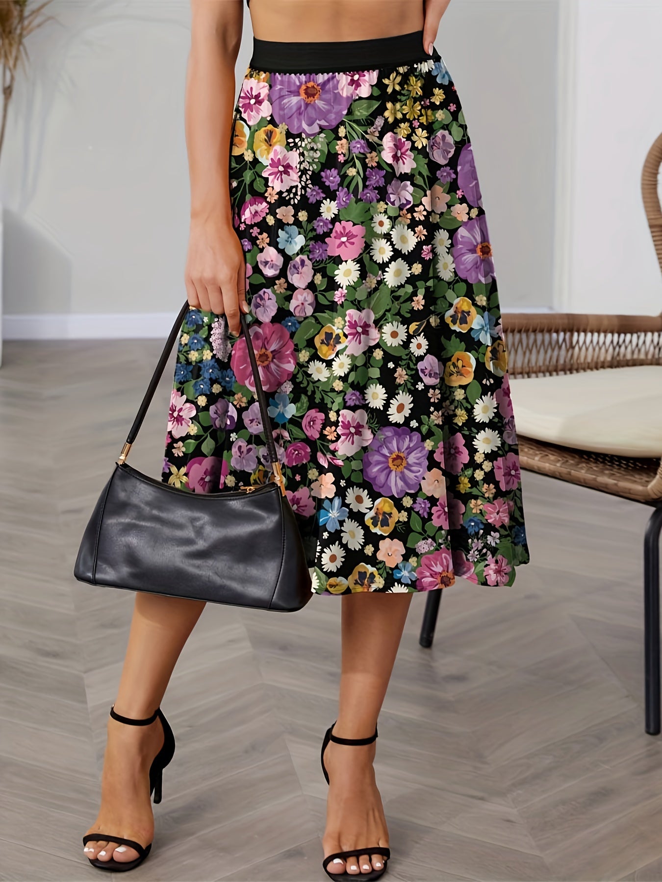 Floral Print Elastic High Rise A-line Maxi Skirt