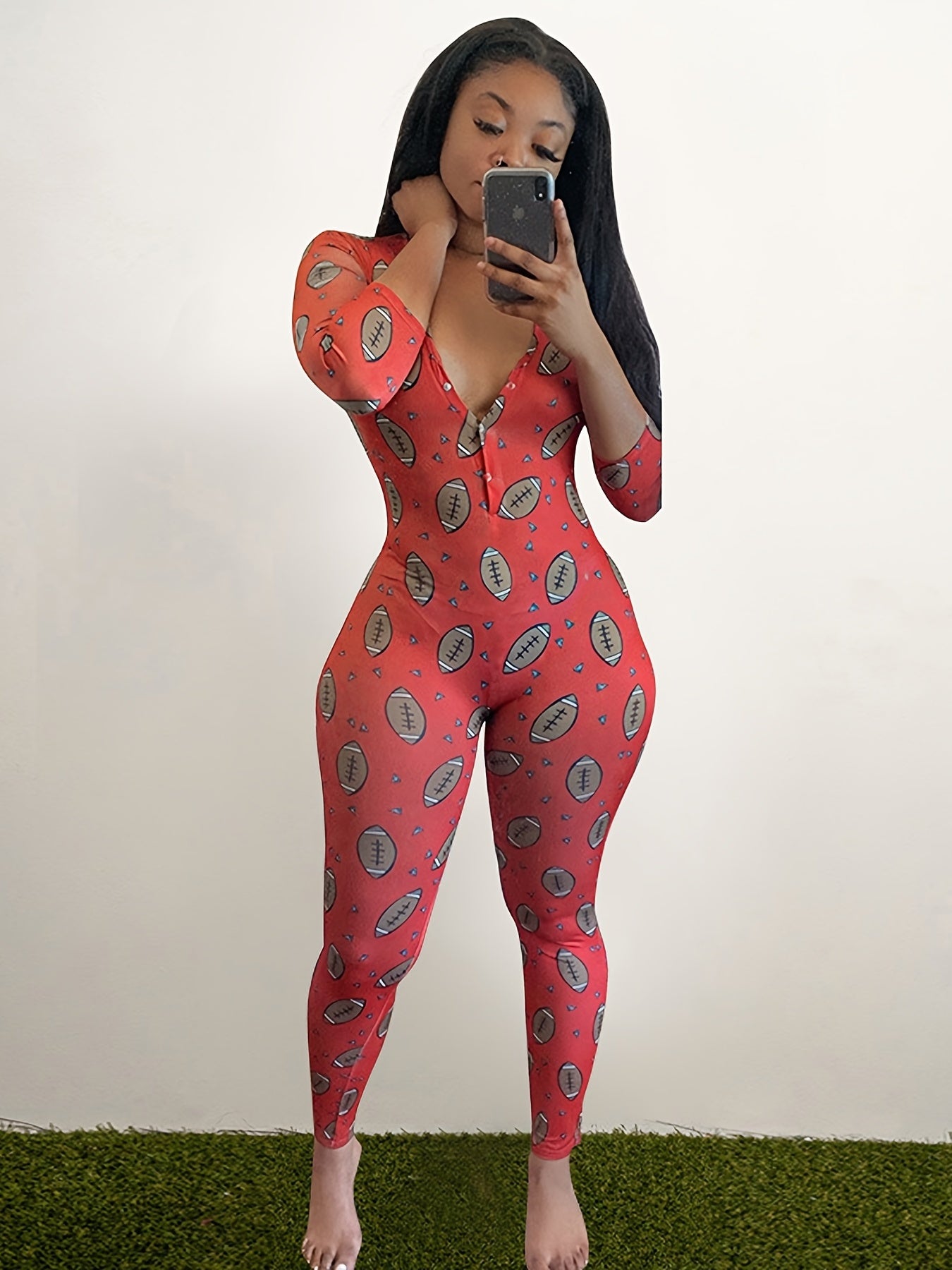 Rugby Print Lounge Jumpsuit Long Sleeve V Neck Buttons Jumpsuit