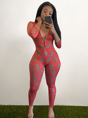 Rugby Print Lounge Jumpsuit Long Sleeve V Neck Buttons Jumpsuit