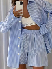 Striped Long Sleeve Shirt & Shorts Outfits Two Piece Set