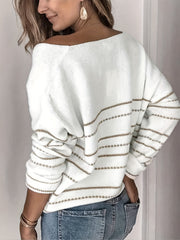 Striped V Neck Pullover Sweater Long Sleeve Casual Fall Winter Women's Clothing