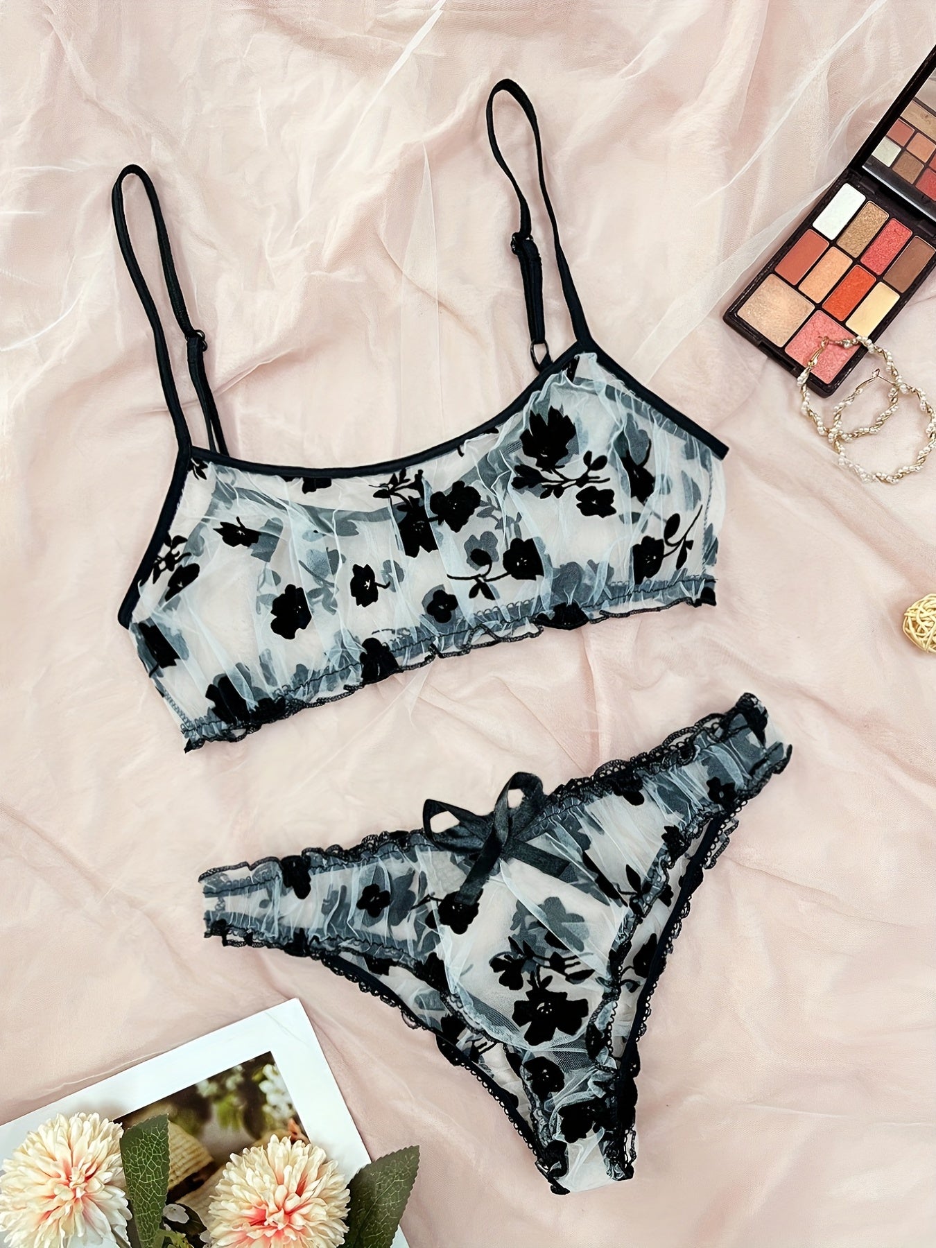 Floral Mesh Lingerie Set Sexy Sheer Tulle Bra Panties Seductive Look