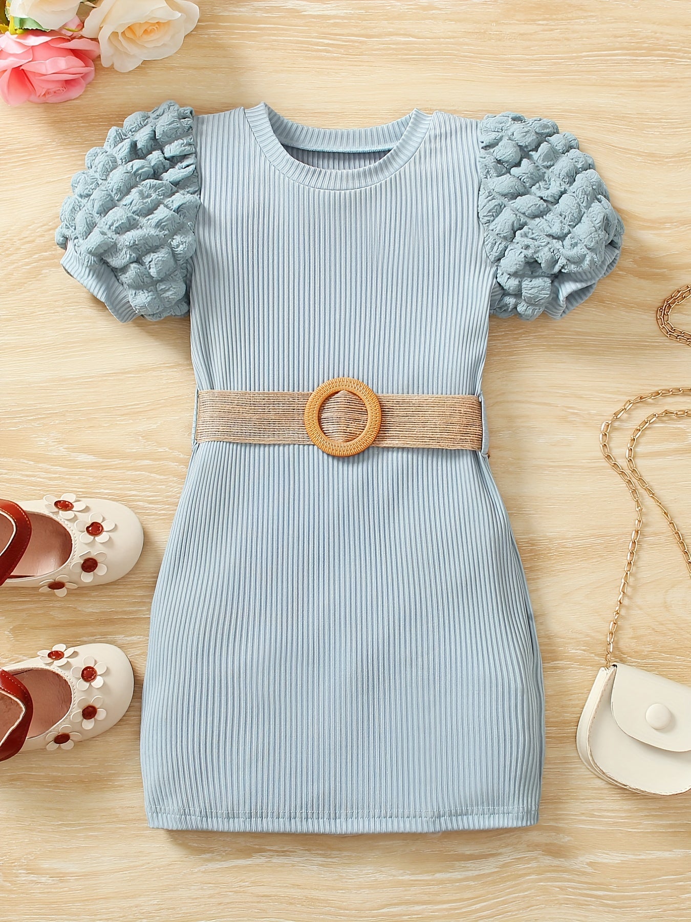 Toddler Girls Puff Sleeve Ribbed Knit Dress for Party