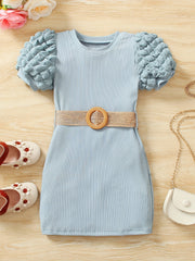 Toddler Girls Puff Sleeve Ribbed Knit Dress for Party