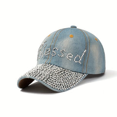 Blessed Rhinestone Denim Baseball Cap Lightweight Adjustable Casual Hat