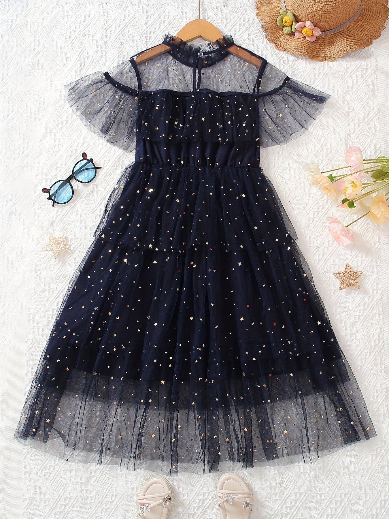 Girls Stars Ruffles Frill Neck Tulle Princess Dress Kids Summer Clothes