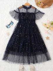 Girls Stars Ruffles Frill Neck Tulle Princess Dress Kids Summer Clothes