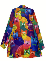 Cat Print Long Sleeve Open Front Cardigan