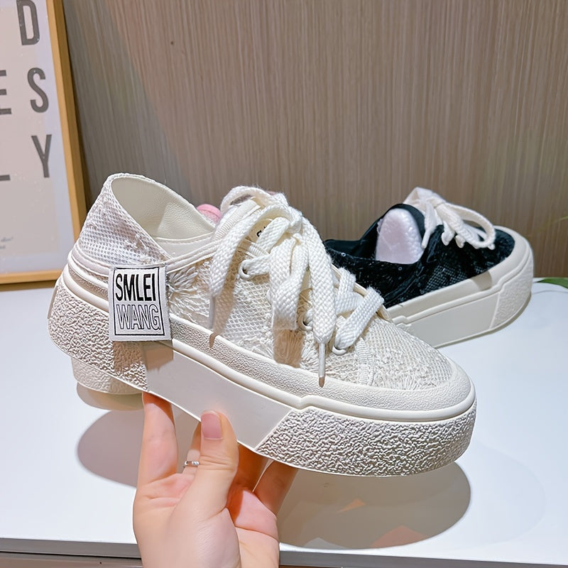 Women's Thick Bottom Mesh Sport Shoes Lace Up Board Shoes
