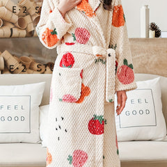 Fruit Print Fuzzy Night Robe Warm Long Sleeve Robe With Belt