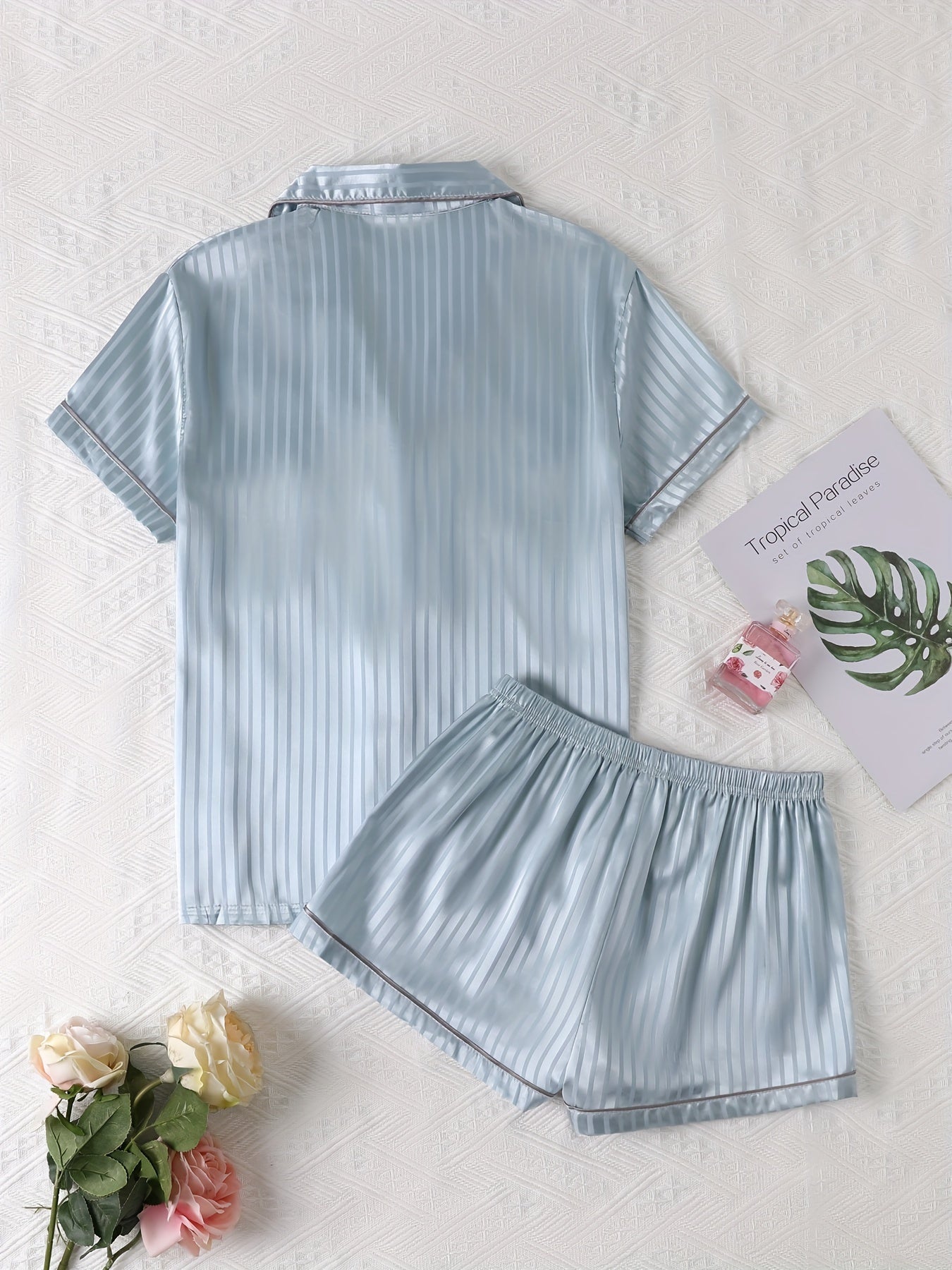 Striped Satin Pajamas Set Short Sleeve Top & Shorts