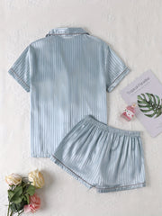 Striped Satin Pajamas Set Short Sleeve Top & Shorts