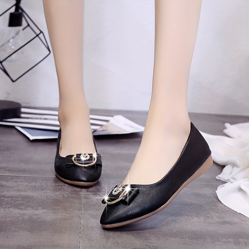 Women's Bowknot Rhinestone Flat Shoes Pointed Toe Slip On Soft Sole Flats