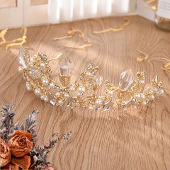 Faux Pearl Rhinestone Crown Hairband Bridal Wedding Headband