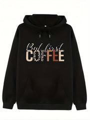 Coffee Print Kangaroo Pocket Hoodie Casual Long Sleeve Drawstring Hoodies