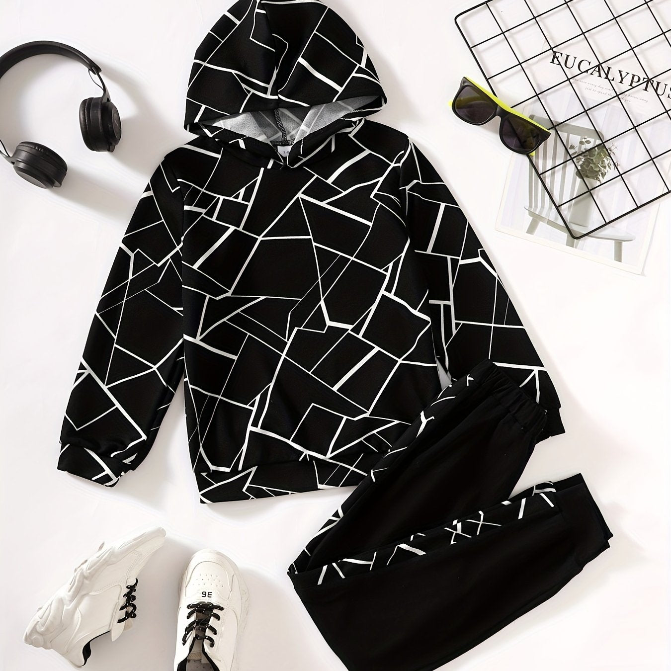 Geometric Graphic Print Boys Hooded Sweatshirt & Sweatpants Set