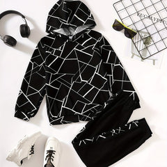 Geometric Graphic Print Boys Hooded Sweatshirt & Sweatpants Set