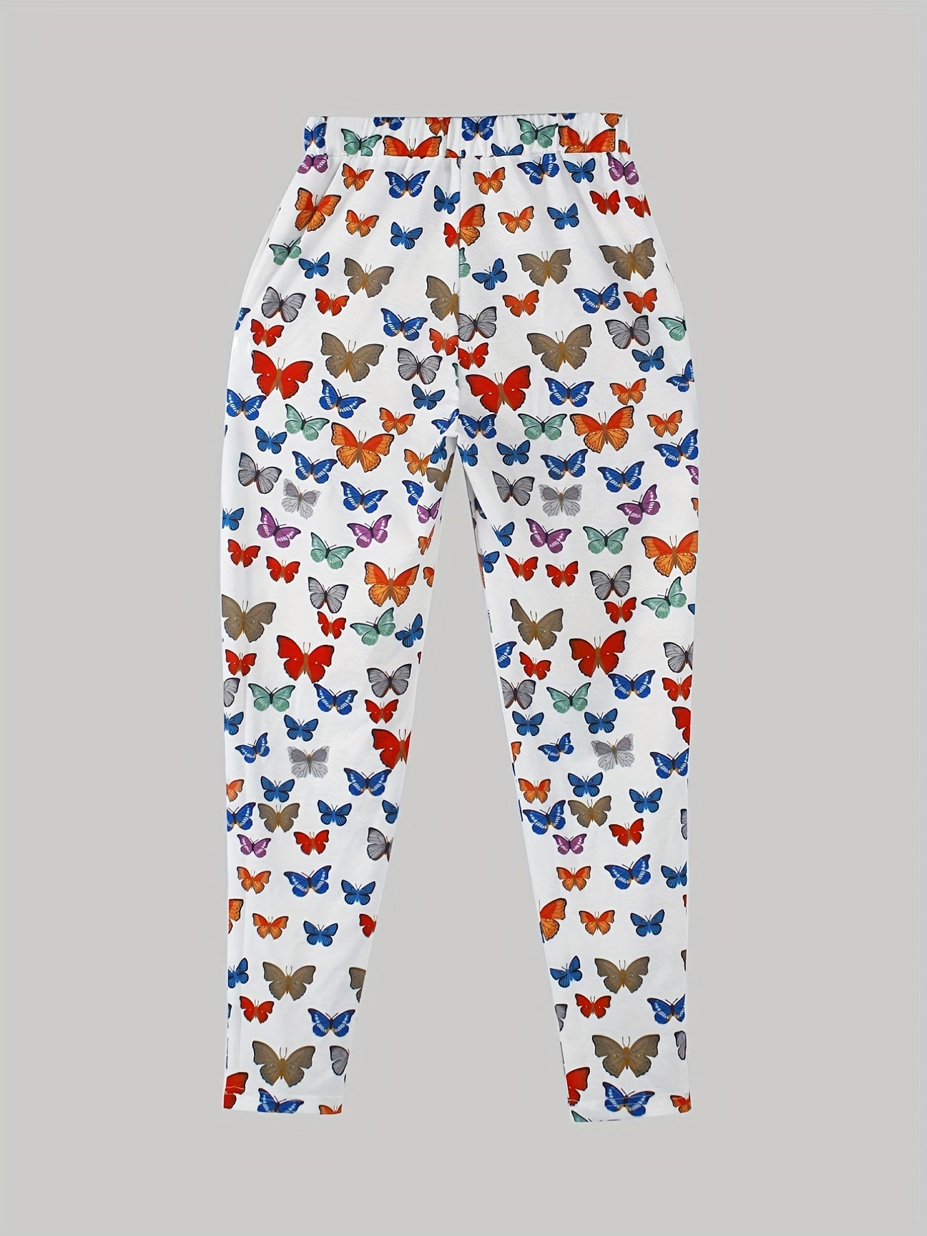 Butterflies Print Casual Two piece Set Notched Neck Crop Top & Elastic Waist Pan