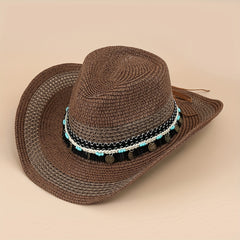 Straw Cowboy Hat Boho Jazz Sun Hat Unisex Western Cowgirl Hat