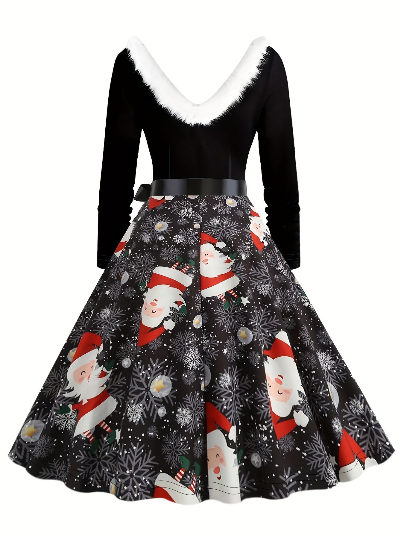 Women's Plus Size Christmas Dress Santa Claus & Snowflake Knot Front