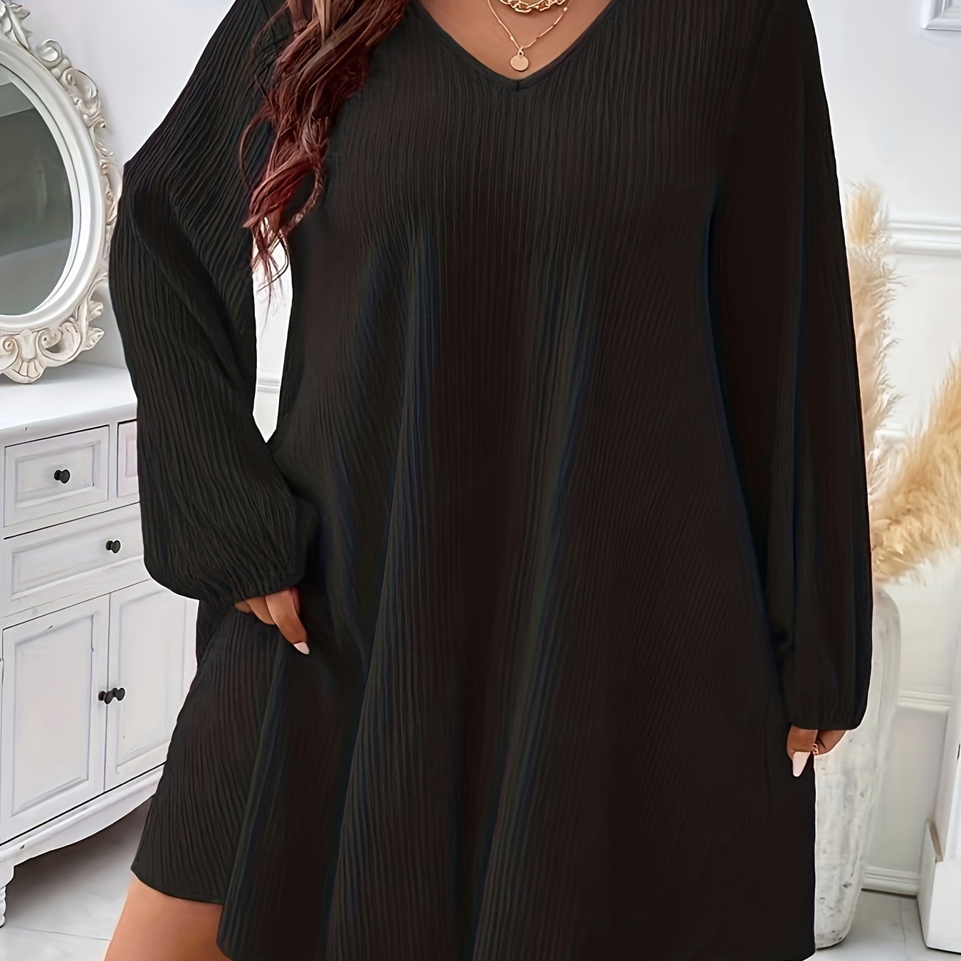 Solid Ribbed Lantern Sleeve V Neck Stretch Dress