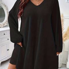 Solid Ribbed Lantern Sleeve V Neck Stretch Dress