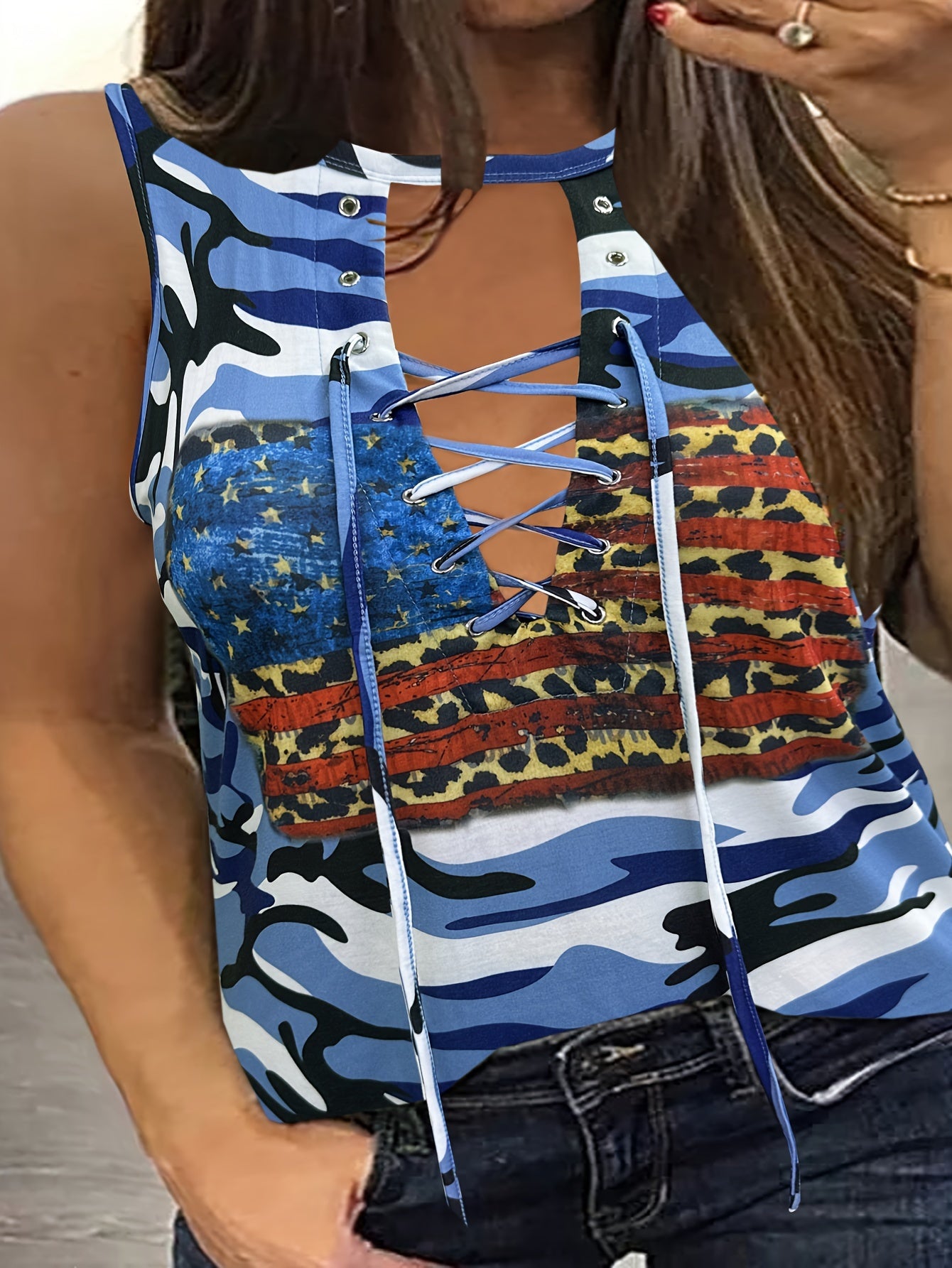 Colorblock Camo Print Cut Out Grommet Lace Up Tank Top