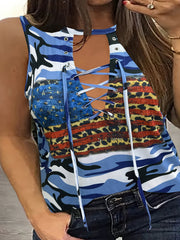 Colorblock Camo Print Cut Out Grommet Lace Up Tank Top