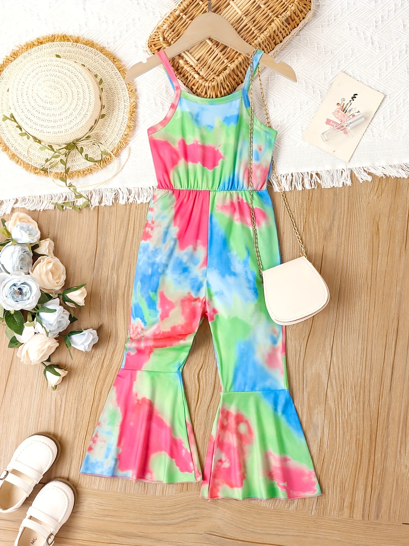 Toddler Girls Tie Dye Cami Romper Jumpsuit Splicing Flared Casual Vacation Party