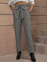 Plaid Print Belted Tapered Pants Paper Bag Waist