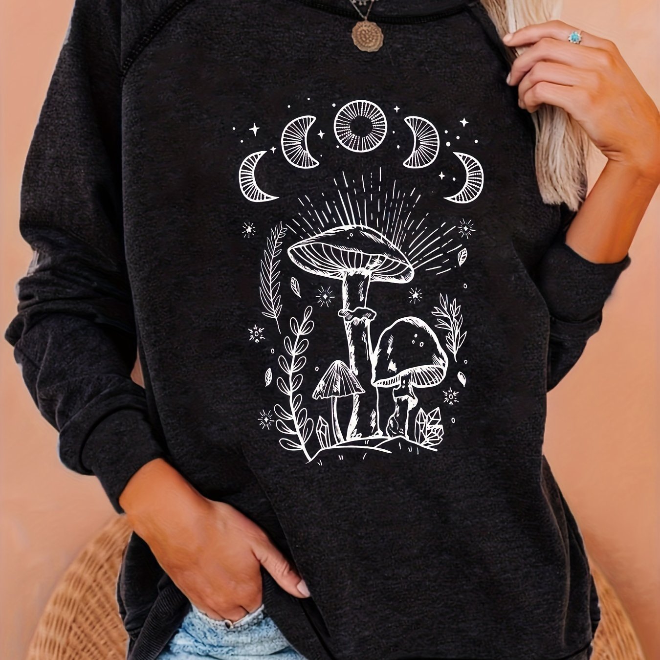Mushroom Print Sweatshirt Crew Neck Pullover Casual Tops