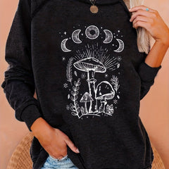 Mushroom Print Sweatshirt Crew Neck Pullover Casual Tops