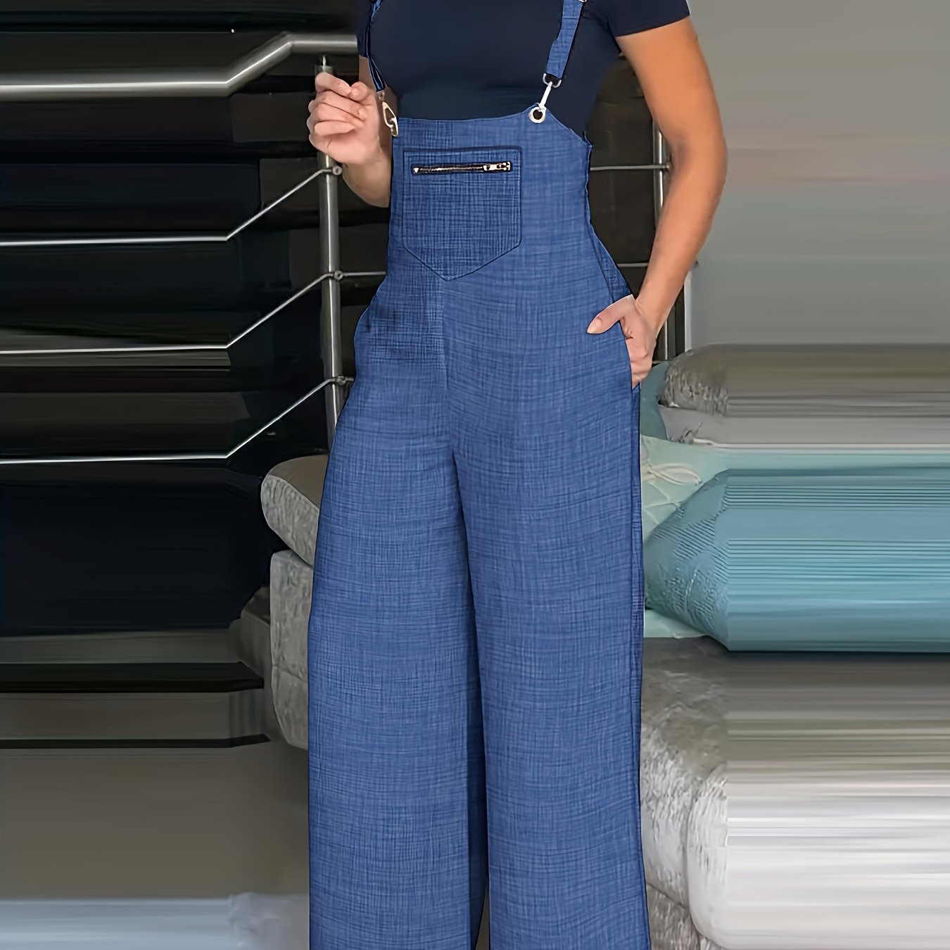 Solid Wide Leg Overall Jumpsuit Casual Pocket Front Overall Jumpsuit