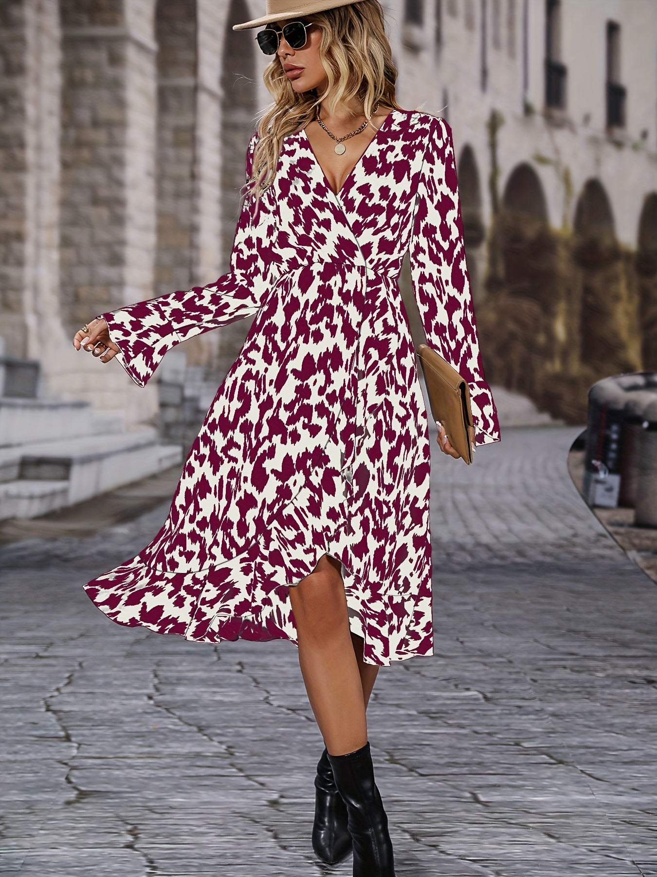 V Neck Long Sleeve Slim Dress Casual Fall & Spring Women's Clothing