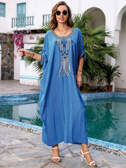 Boho Kaftan Dress Women's Plus Embroidered Batwing Sleeve