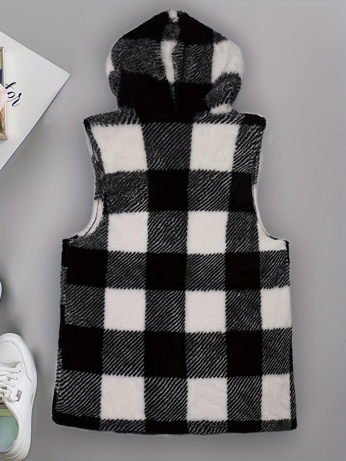 Colorblock Gingham Print Fleece Vest Coat